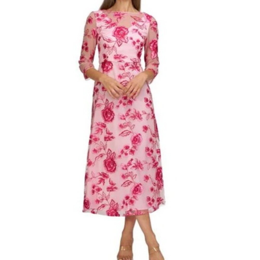 JS Collections Pink Nadine Embroidered 3/4-Sleeve Midi Dress